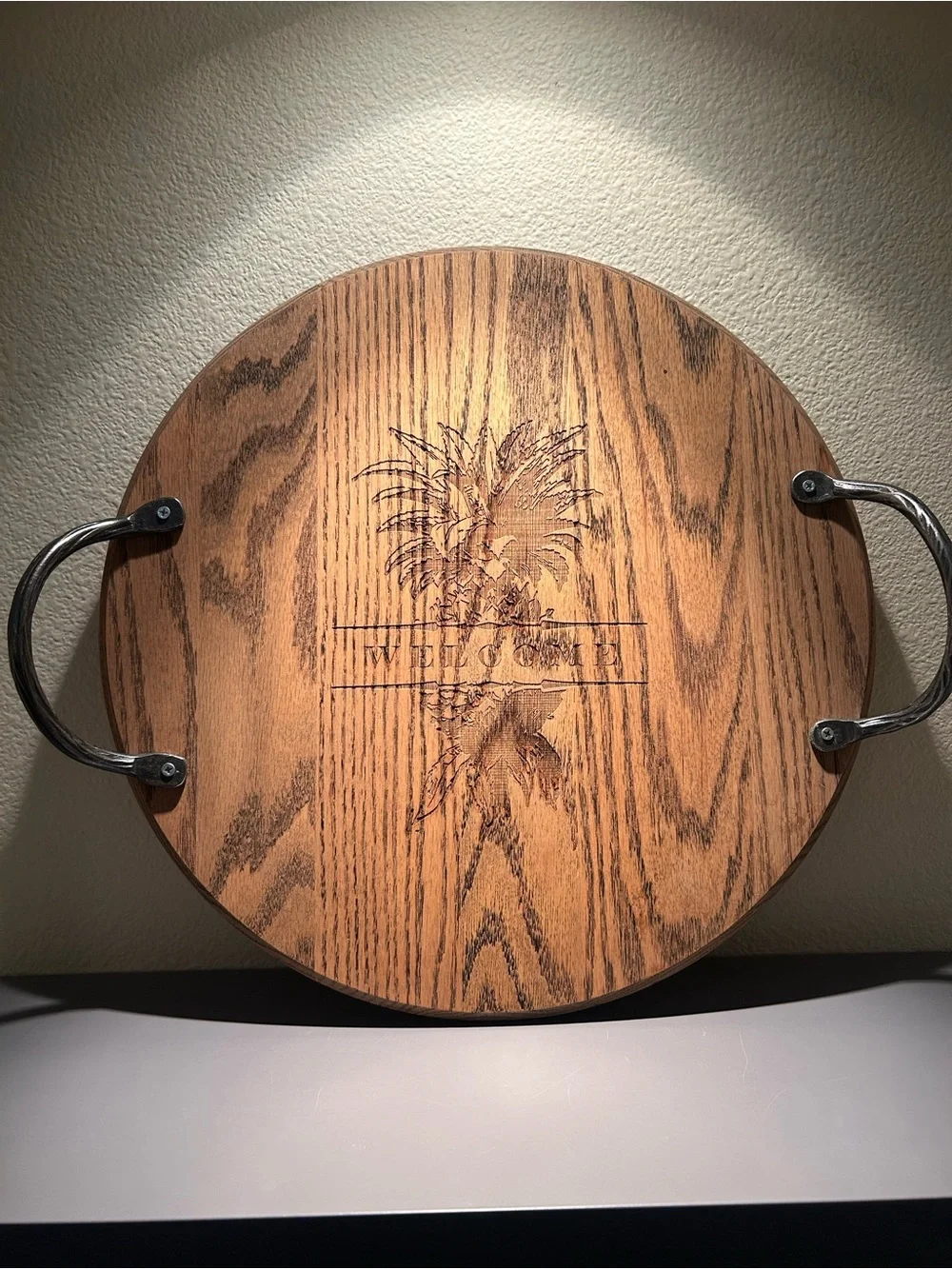 Wooden Serving Tray - Rustic Brown Round Tray with Metal Handles
